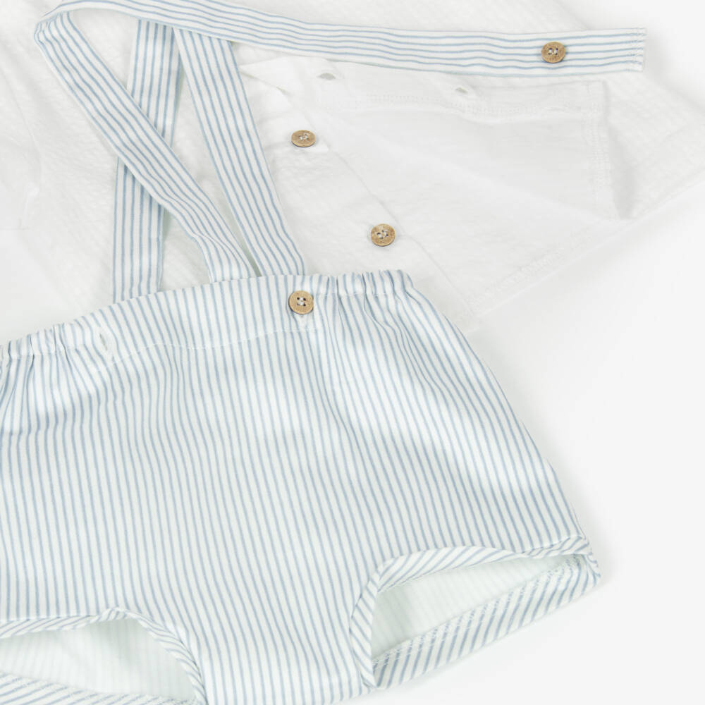 Mebi-Boys White & Blue Striped Cotton Shorts Set | Childrensalon