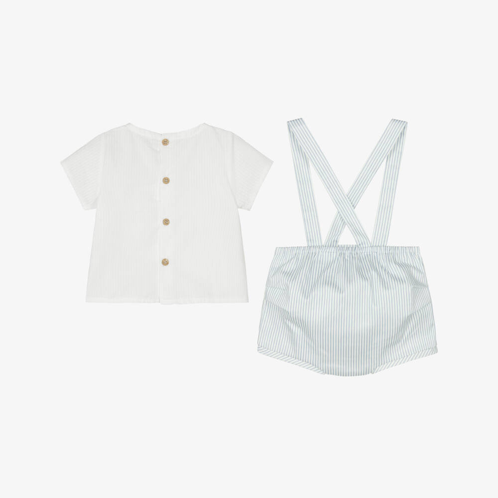 Mebi-Boys White & Blue Striped Cotton Shorts Set | Childrensalon