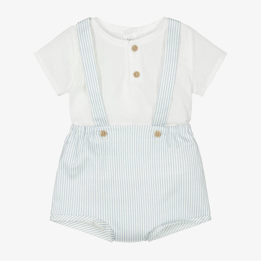 Mebi-Boys White & Blue Striped Cotton Shorts Set | Childrensalon