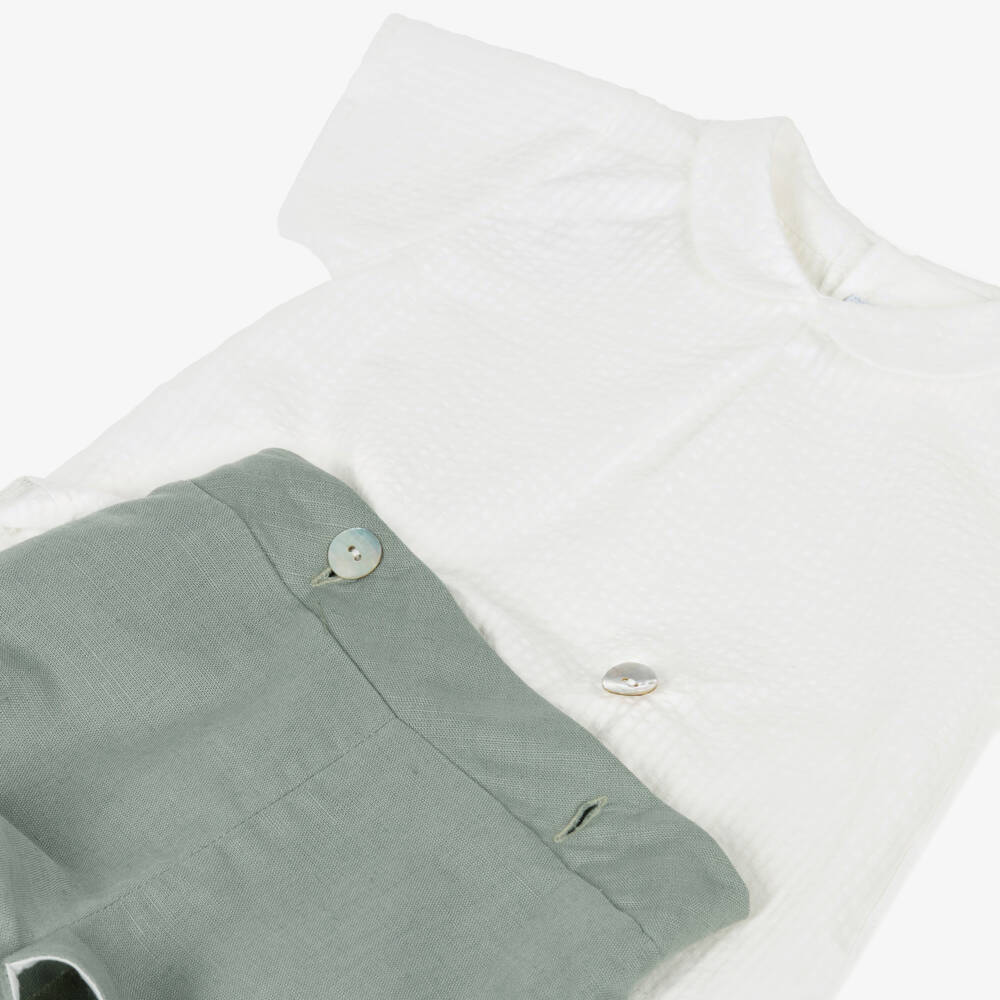 Mebi-Boys White & Green Collared Buster Suit | Childrensalon