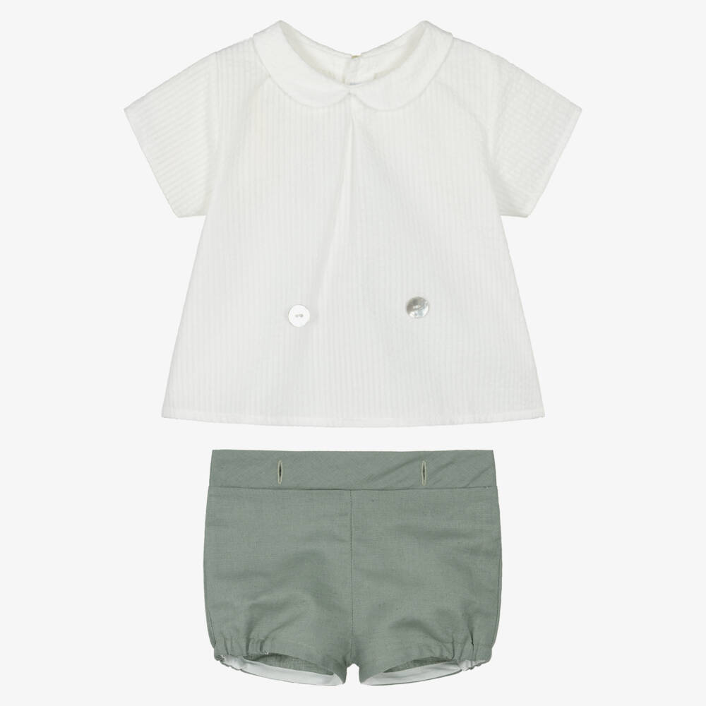 Mebi-Boys White & Green Collared Buster Suit | Childrensalon