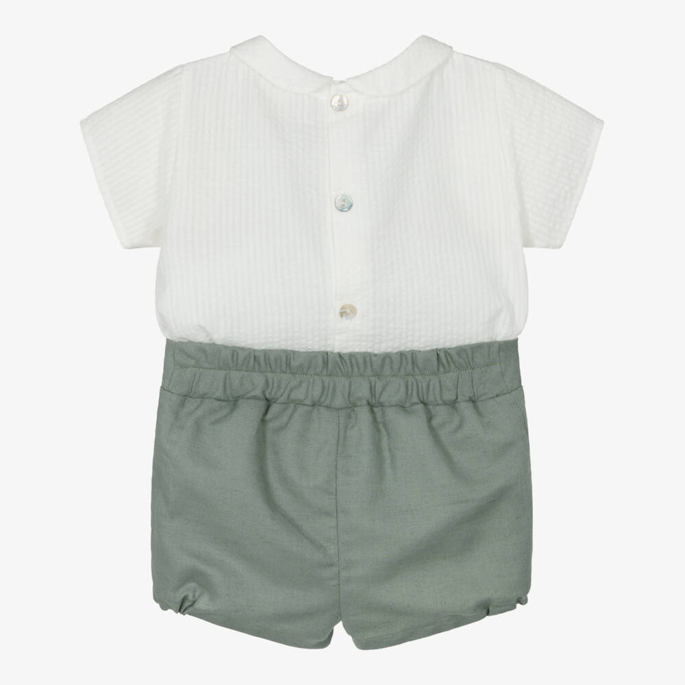 Mebi-Boys White & Green Collared Buster Suit | Childrensalon