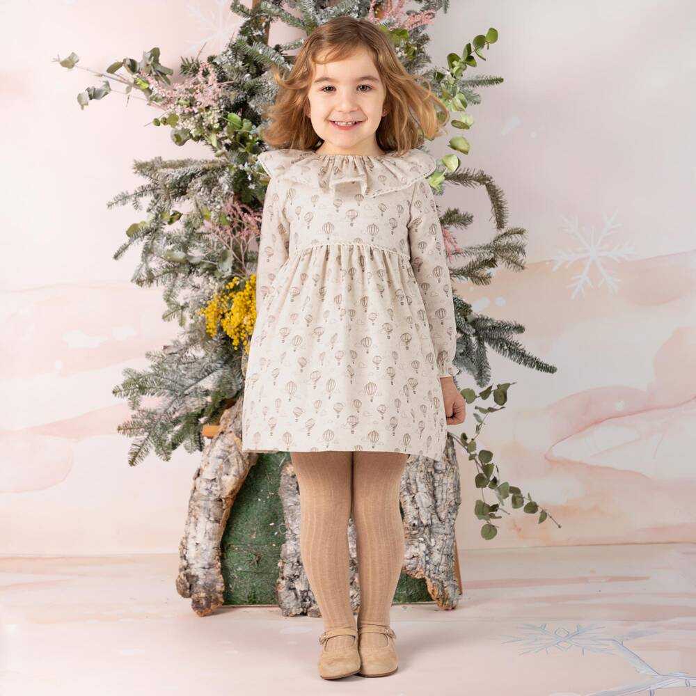 Mebi-Girls Beige Hot Air Balloon Print Dress | Childrensalon