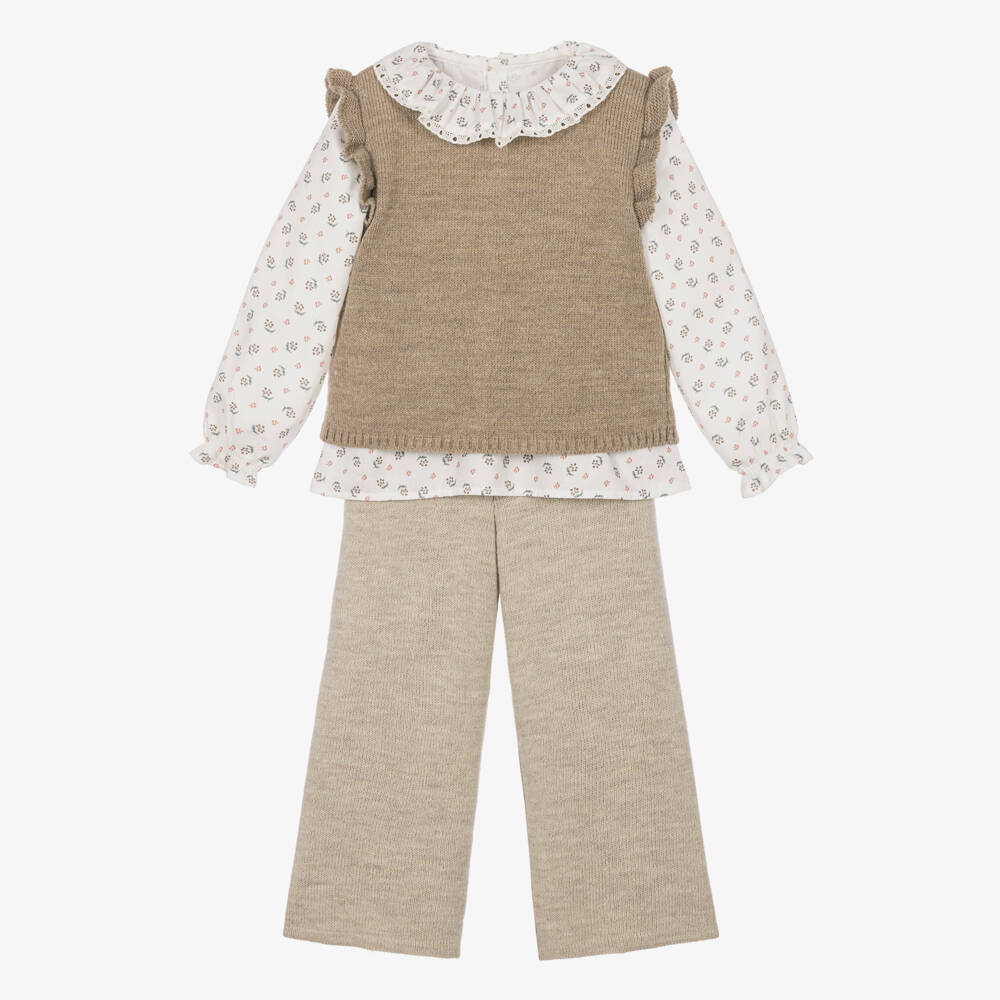 Mebi-Girls Beige Knitted Slip-Over & Trouser Set | Childrensalon