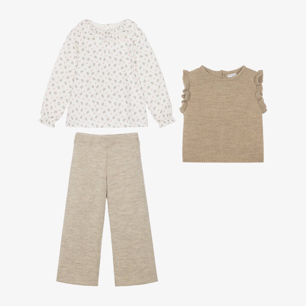 Mebi-Girls Beige Knitted Slip-Over & Trouser Set | Childrensalon