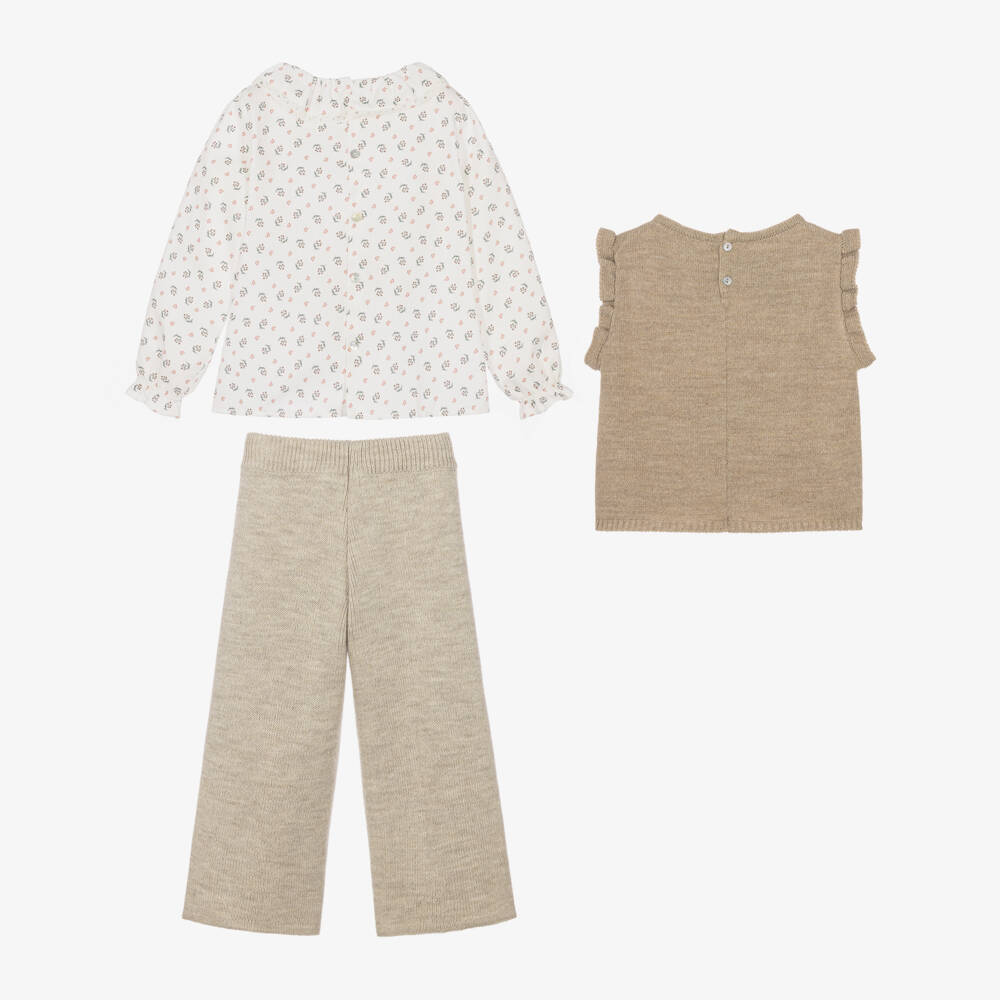 Mebi-Girls Beige Knitted Slip-Over & Trouser Set | Childrensalon