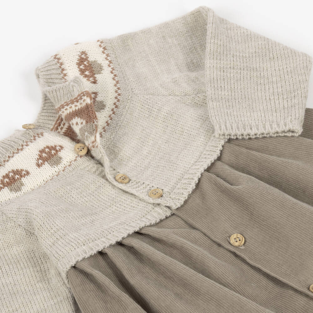 Mebi-Girls Beige Mushroom Knit & Cord Dress | Childrensalon