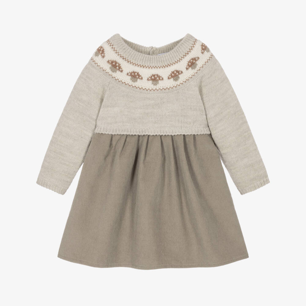 Mebi-Girls Beige Mushroom Knit & Cord Dress | Childrensalon
