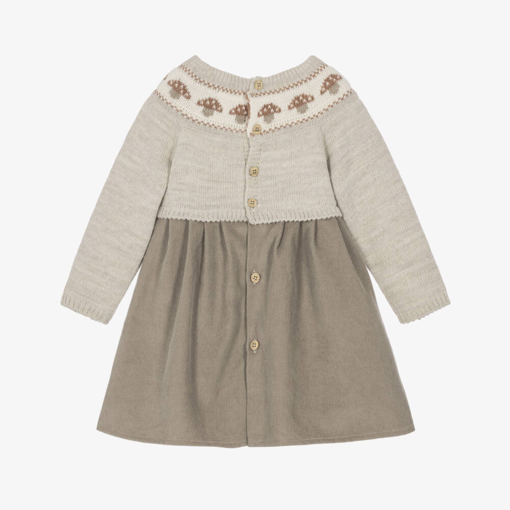 Mebi-Girls Beige Mushroom Knit & Cord Dress | Childrensalon