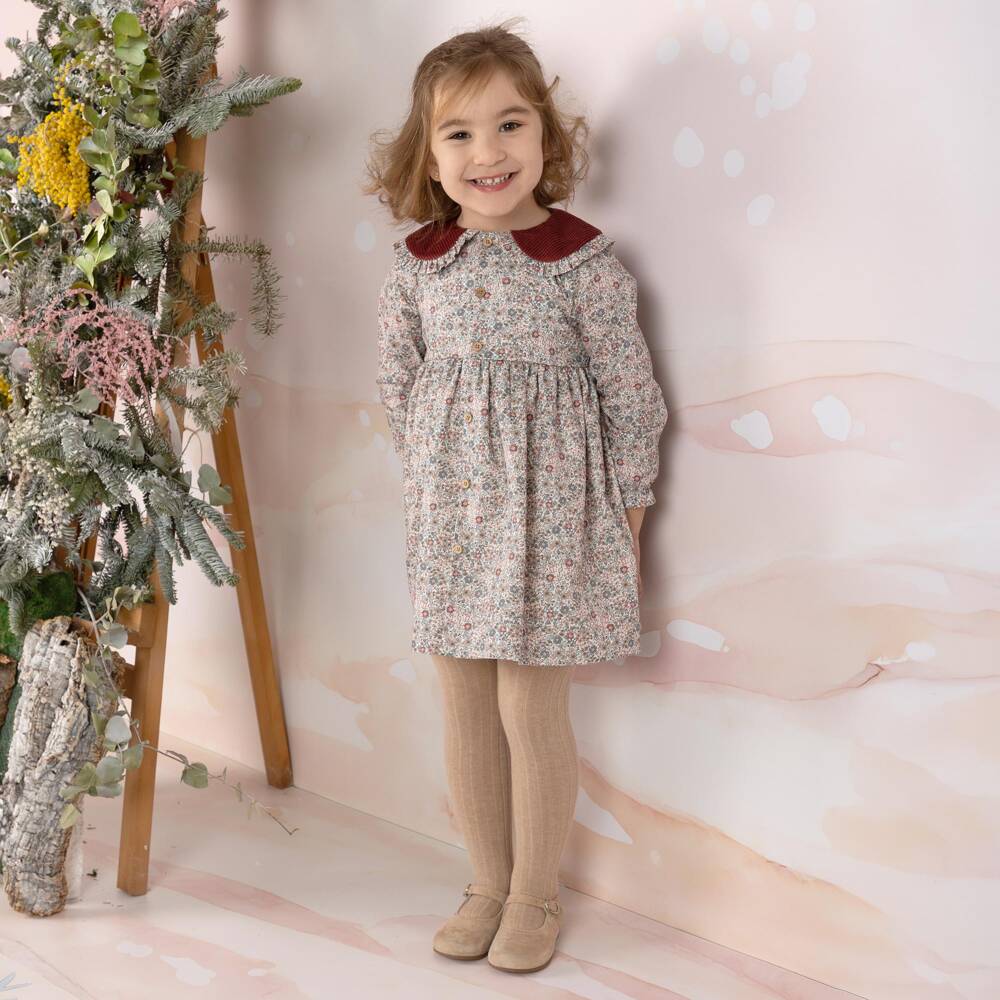 Mebi-Girls Beige & Pink Floral Print Cotton Dress | Childrensalon