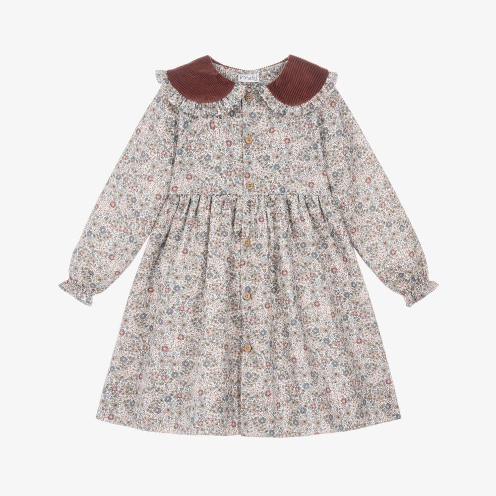 Mebi-Girls Beige & Pink Floral Print Cotton Dress | Childrensalon