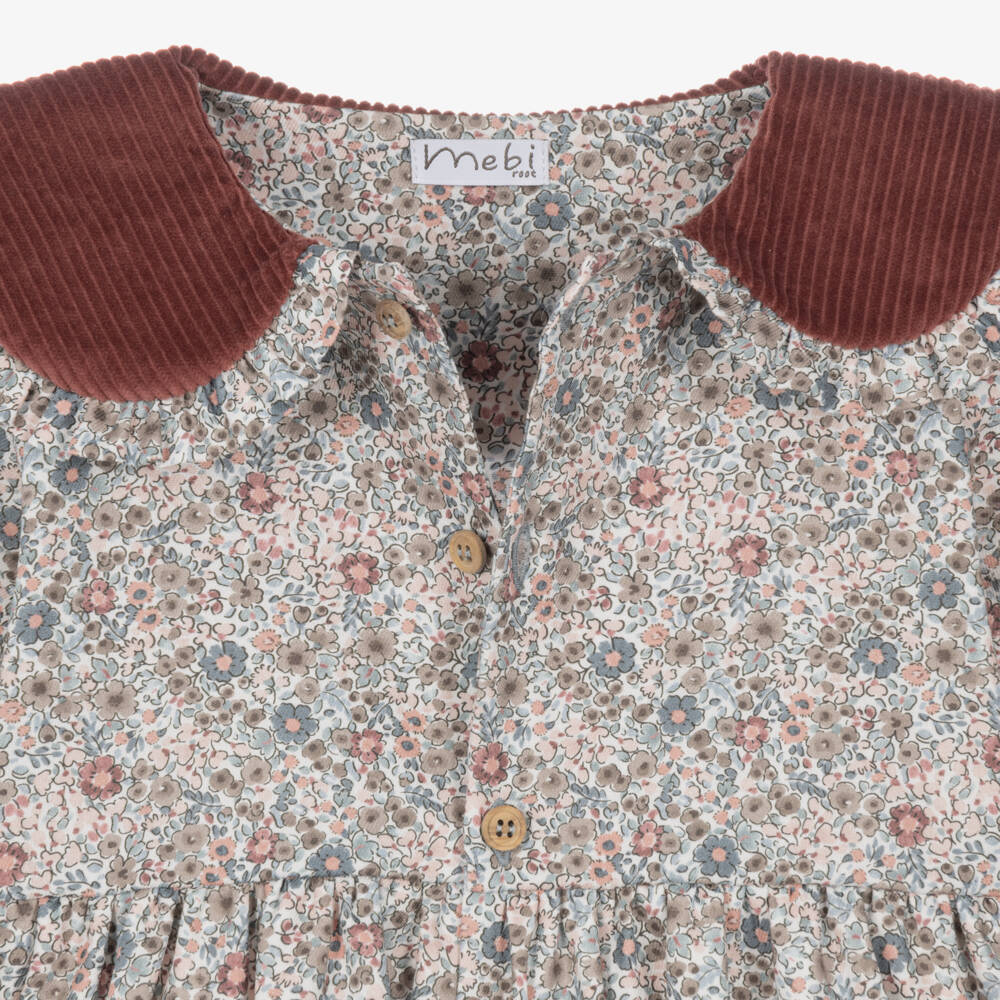 Mebi-Girls Beige & Pink Floral Print Cotton Dress | Childrensalon