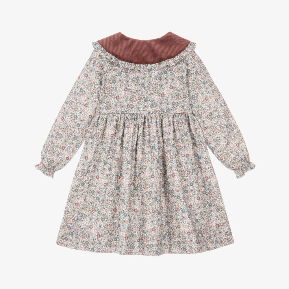 Mebi-Girls Beige & Pink Floral Print Cotton Dress | Childrensalon