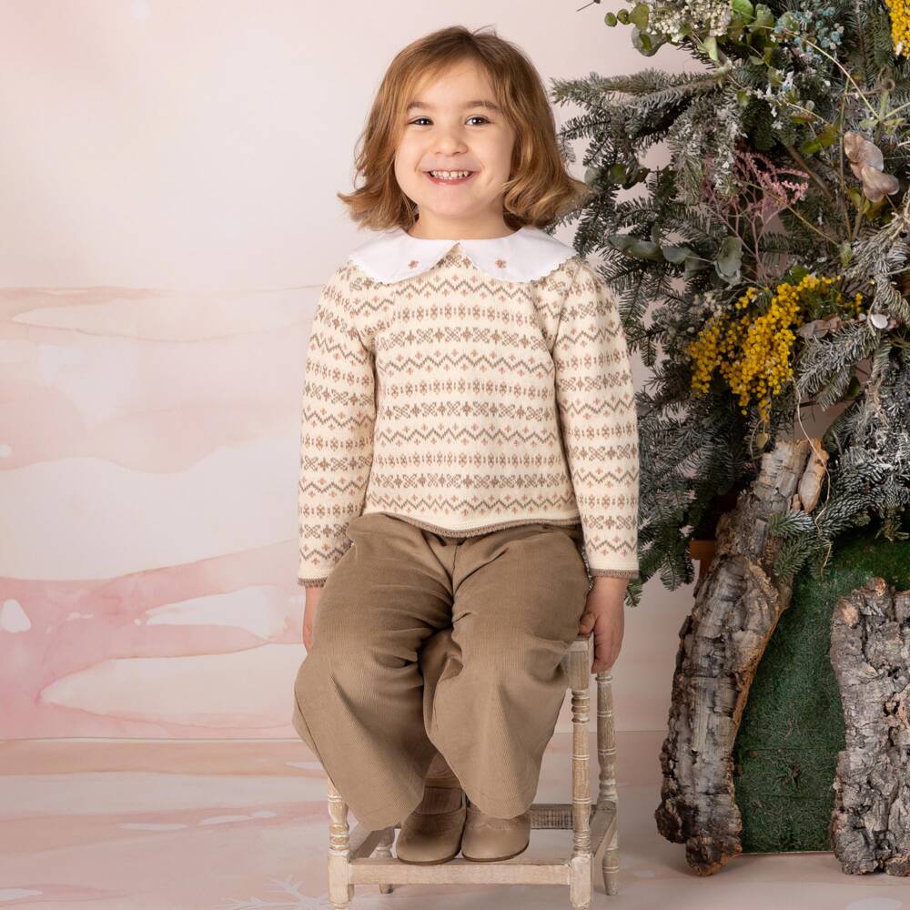 Mebi-Girls Beige Sweater & Needlecord Trouser Set | Childrensalon