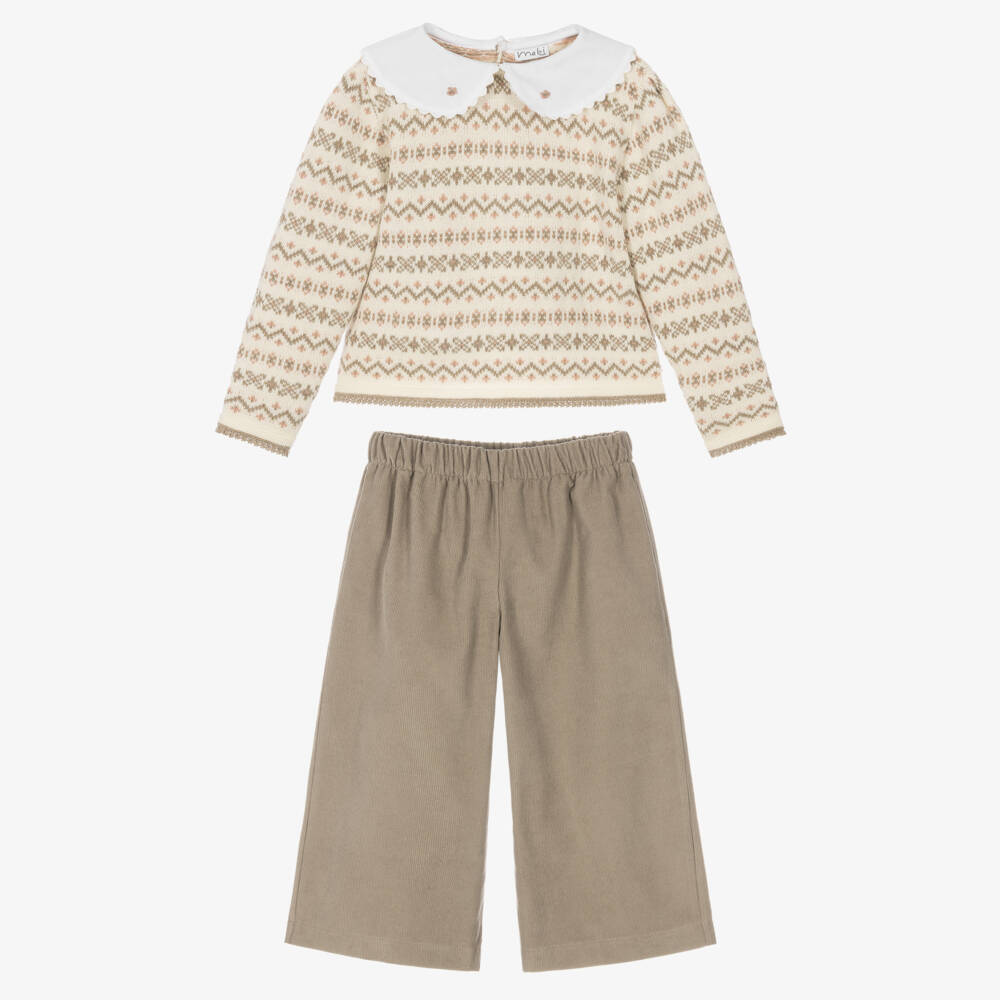 Mebi-Girls Beige Sweater & Needlecord Trouser Set | Childrensalon