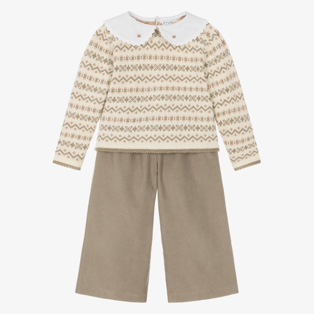 Mebi-Girls Beige Sweater & Needlecord Trouser Set | Childrensalon
