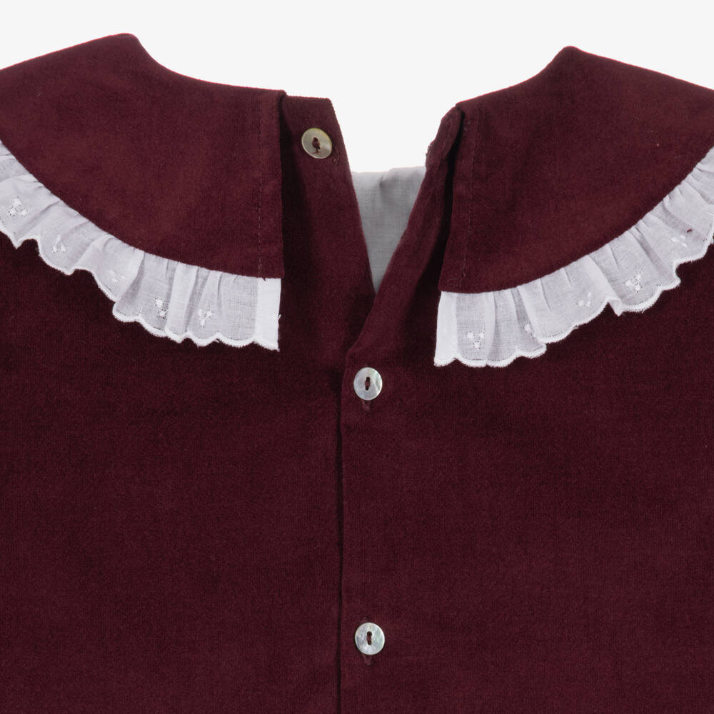 Mebi-Girls Burgundy Velvet Dress with Broderie Anglaise Trims | Childrensalon