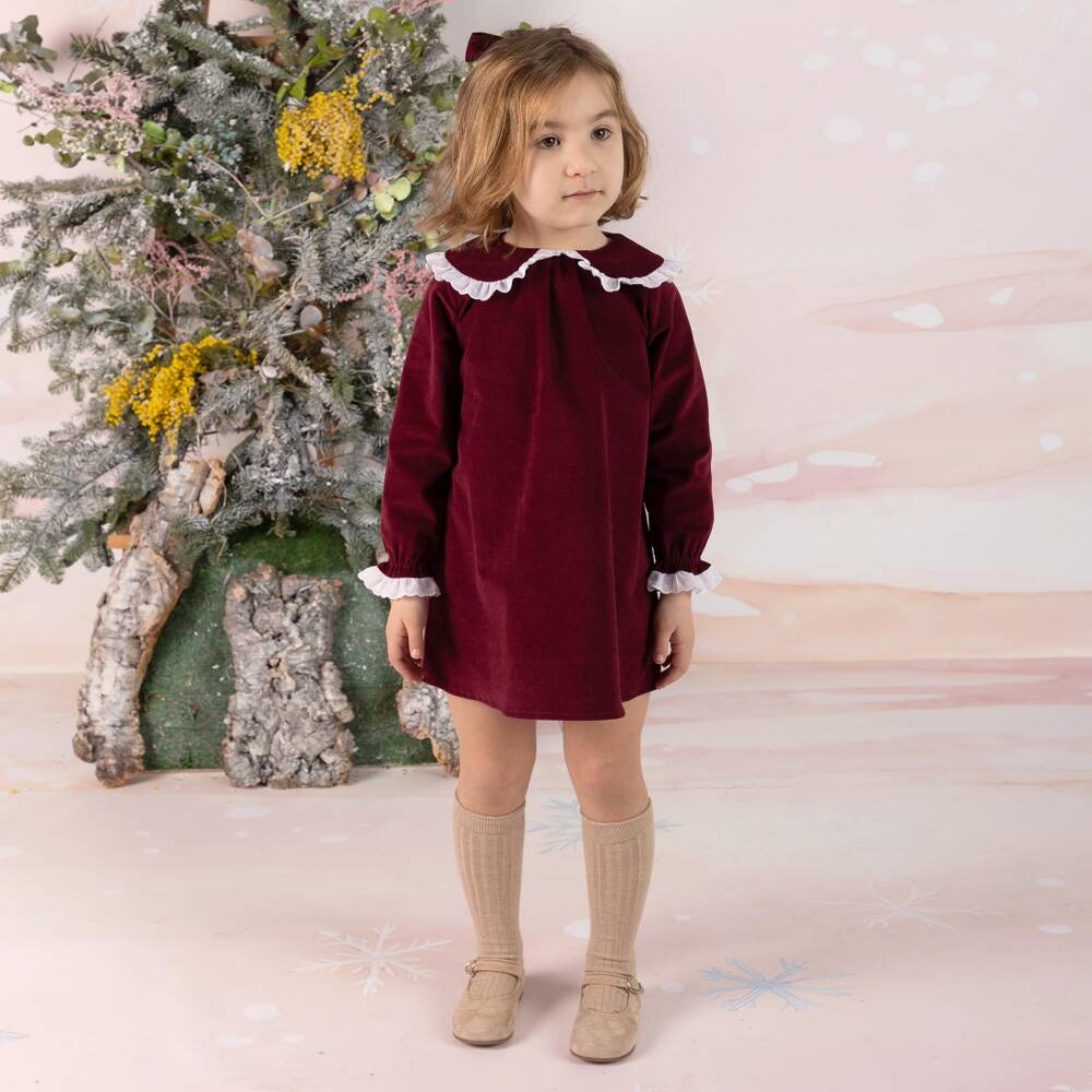 Mebi-Girls Burgundy Velvet Dress with Broderie Anglaise Trims | Childrensalon