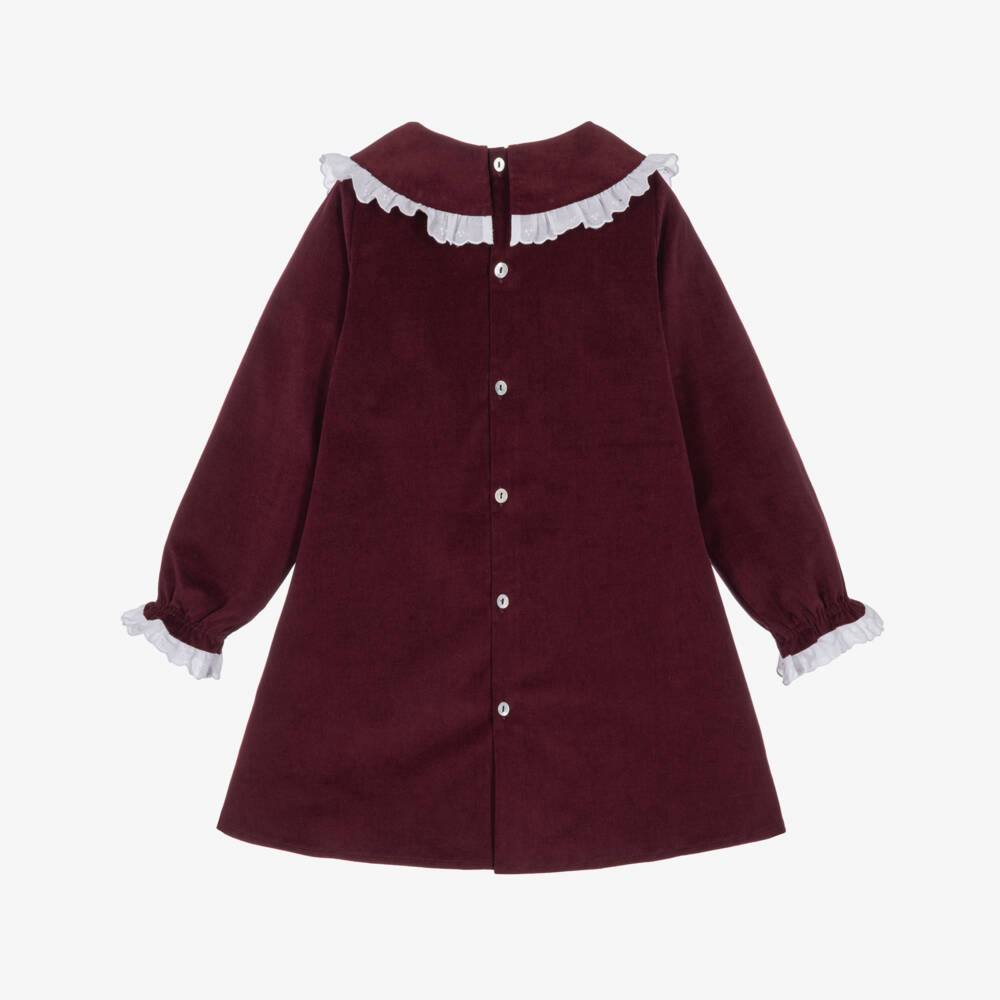 Mebi-Girls Burgundy Velvet Dress with Broderie Anglaise Trims | Childrensalon