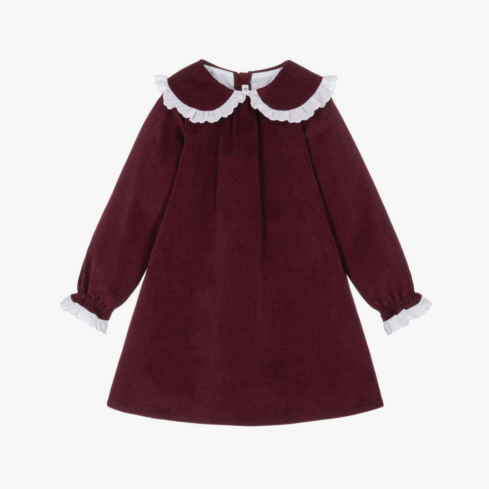 Mebi-Girls Burgundy Velvet Dress with Broderie Anglaise Trims | Childrensalon