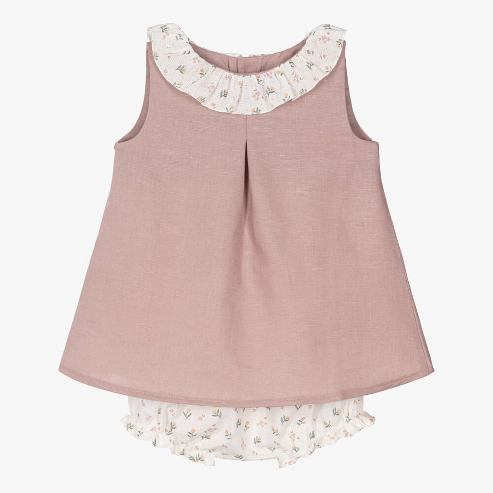 Mebi-Girls Dusky Pink Sleeveless Dress with Floral Ruffle Collar | Childrensalon