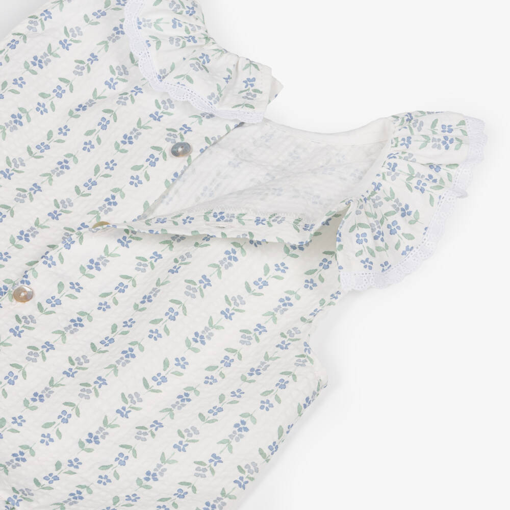 Mebi-Girls Green Cotton & Linen Trouser Set with Floral Print | Childrensalon