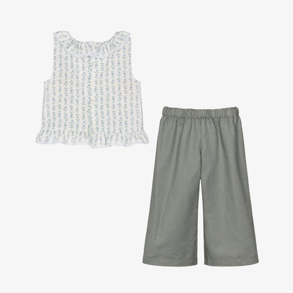Mebi-Girls Green Cotton & Linen Trouser Set with Floral Print | Childrensalon