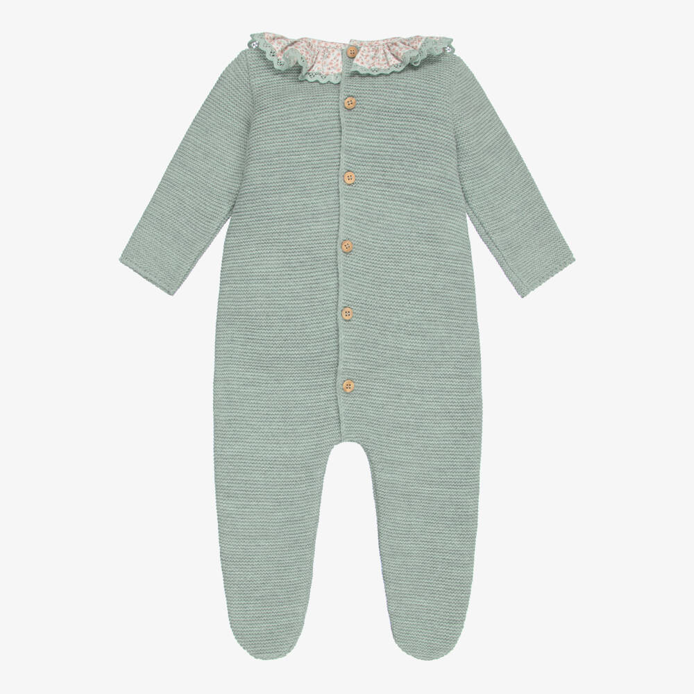 Mebi-Girls Green Knitted Babygrow with Floral Ruffle Collar | Childrensalon