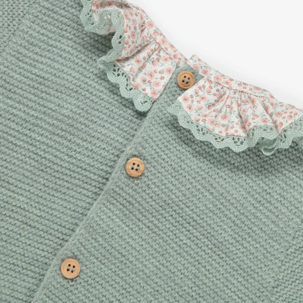 Mebi-Girls Green Knitted Babygrow with Floral Ruffle Collar | Childrensalon