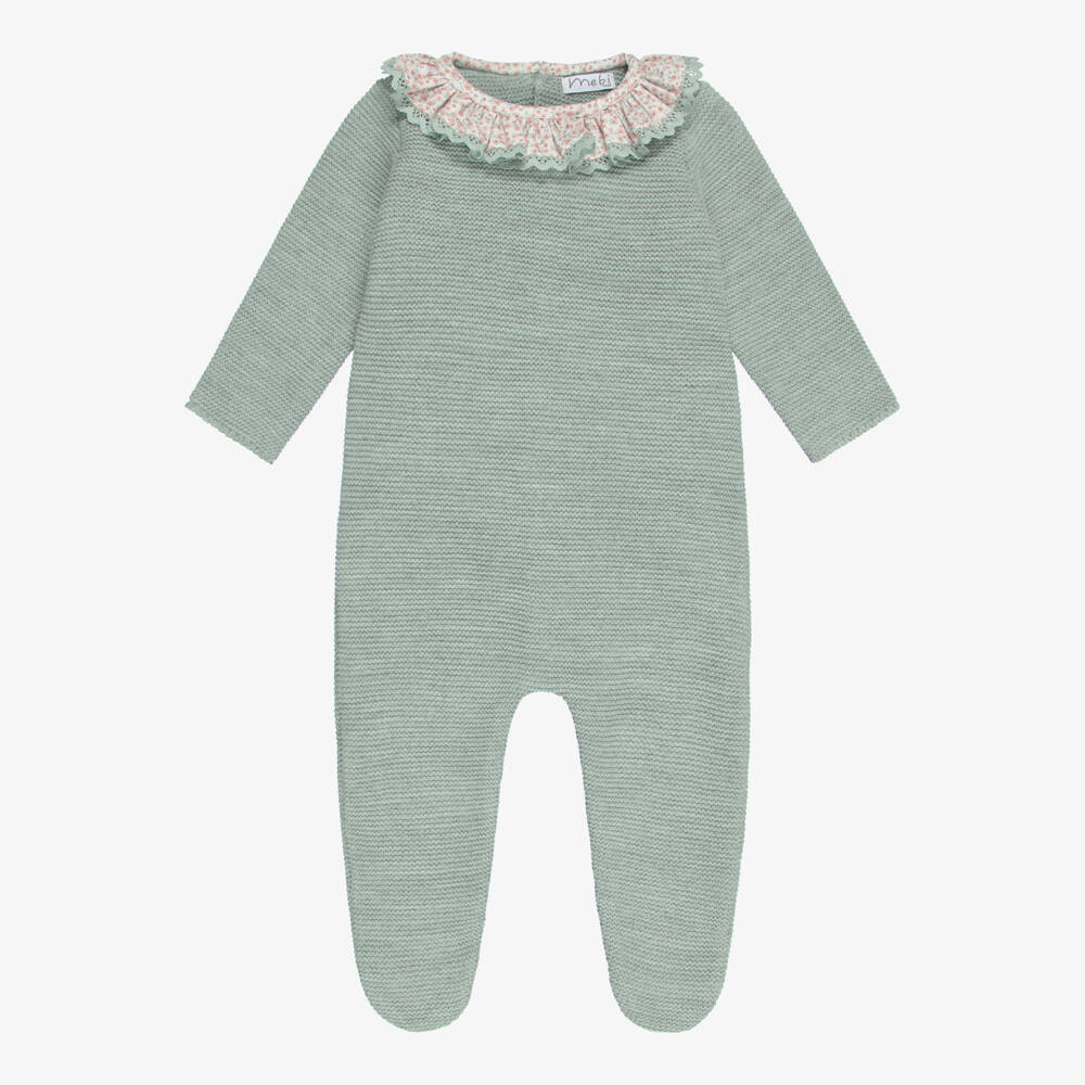 Mebi-Girls Green Knitted Babygrow with Floral Ruffle Collar | Childrensalon