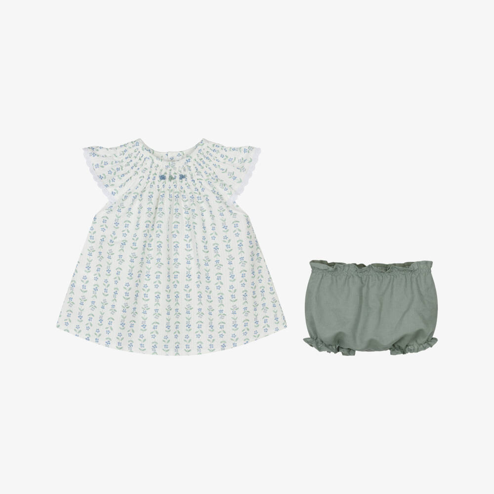 Mebi-Girls Ivory Cotton Dress Set with Green & Blue Floral Print | Childrensalon
