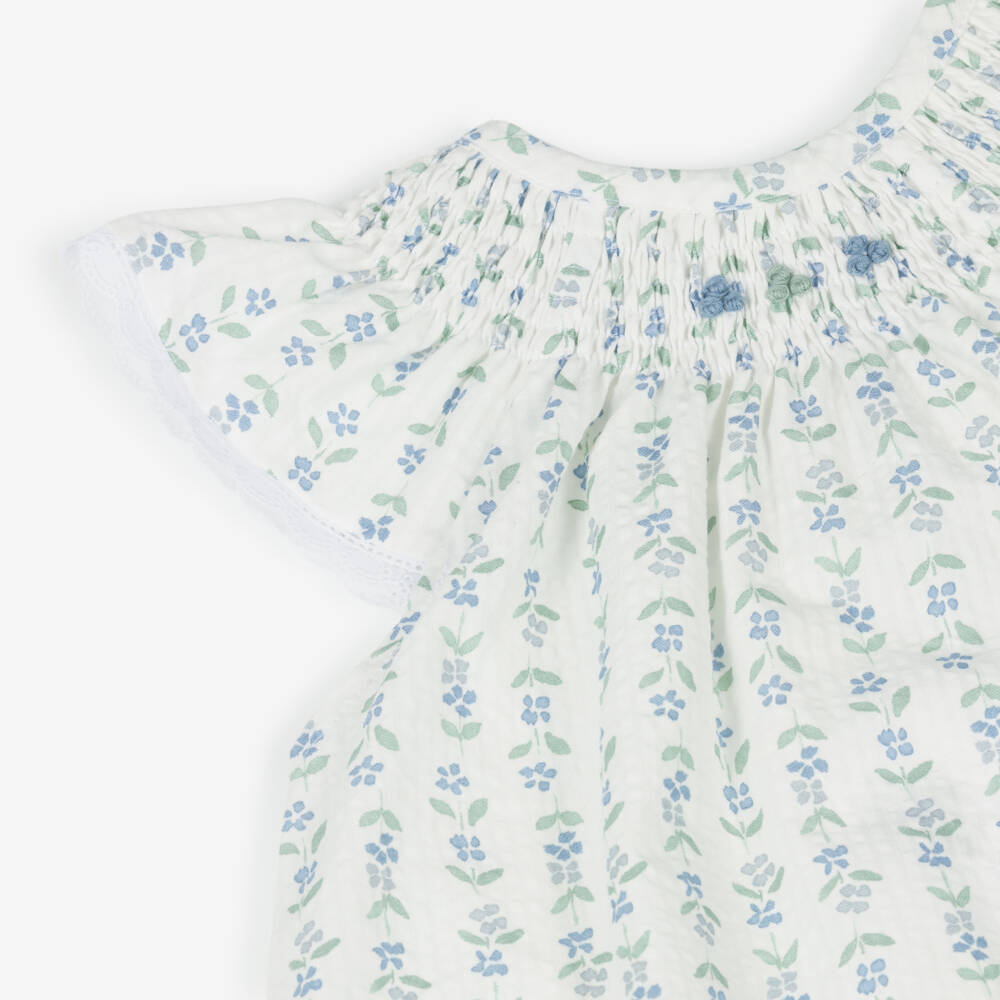 Mebi-Girls Ivory Cotton Dress Set with Green & Blue Floral Print | Childrensalon