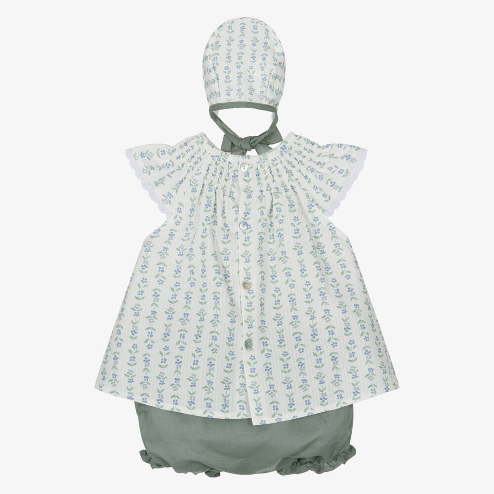 Mebi-Girls Ivory Cotton Dress Set with Green & Blue Floral Print | Childrensalon