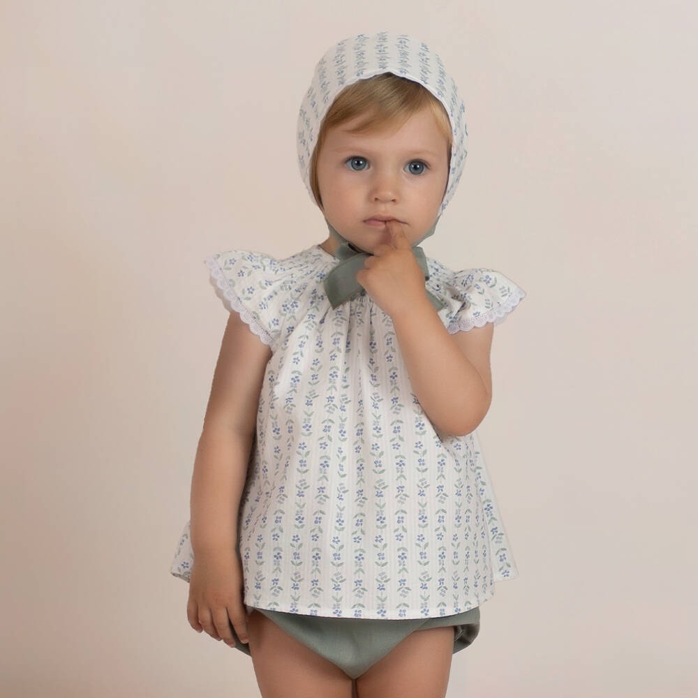 Mebi-Girls Ivory Cotton Dress Set with Green & Blue Floral Print | Childrensalon