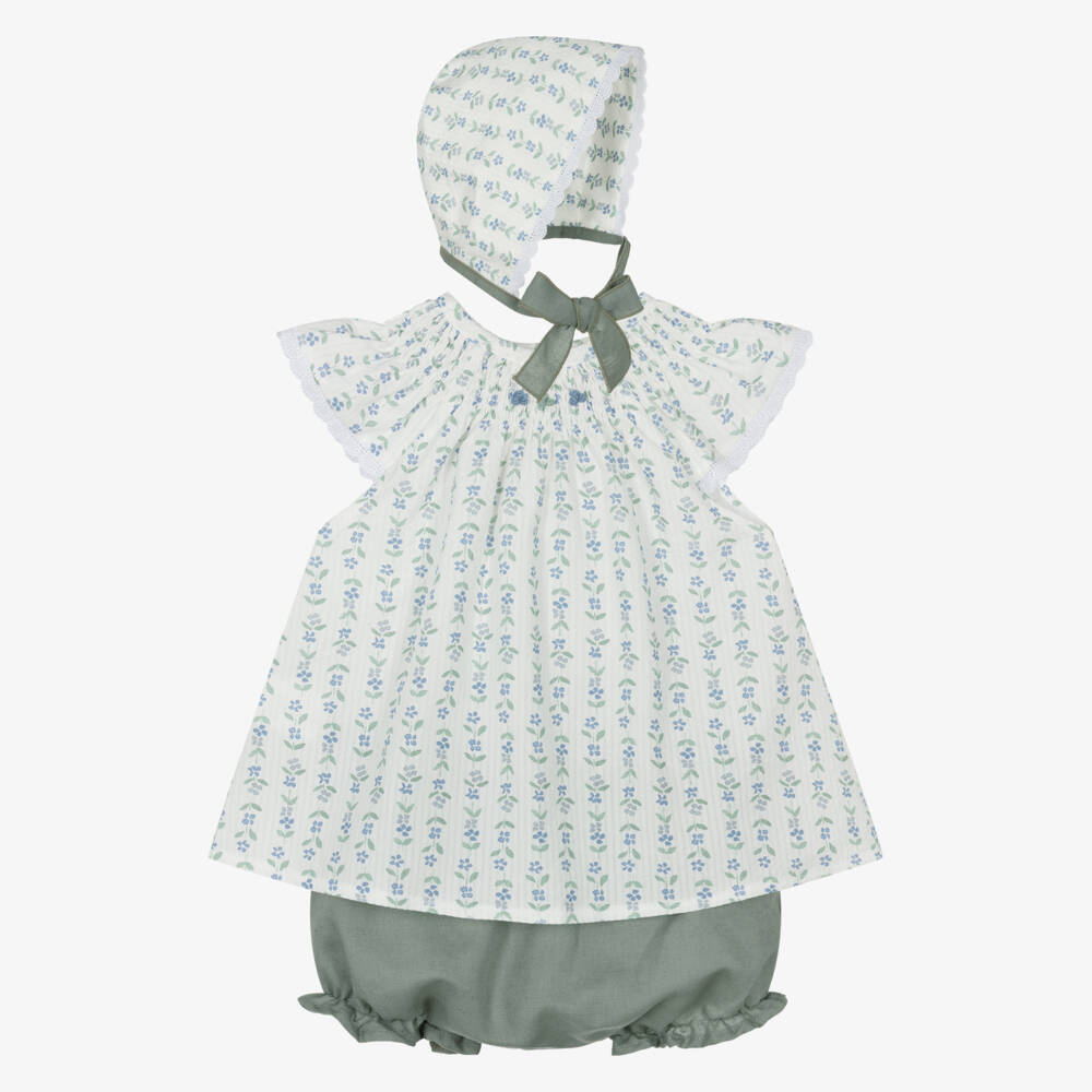 Mebi-Girls Ivory Cotton Dress Set with Green & Blue Floral Print | Childrensalon