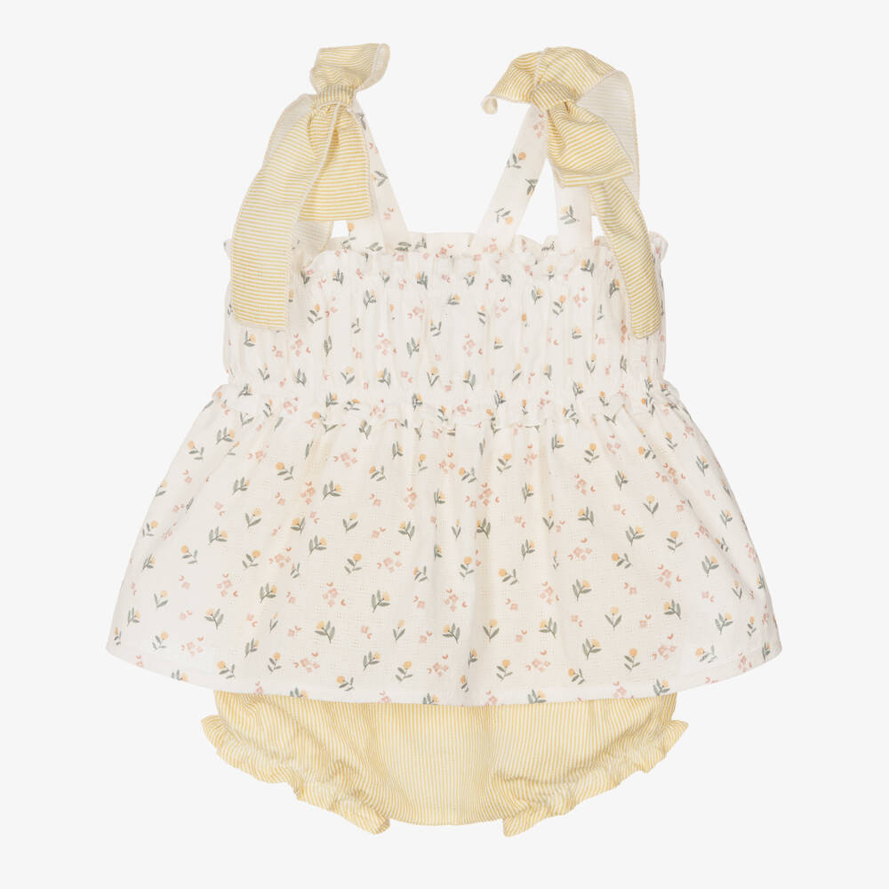 Mebi-Girls Ivory Floral & Yellow Striped Cotton Shorts Set | Childrensalon
