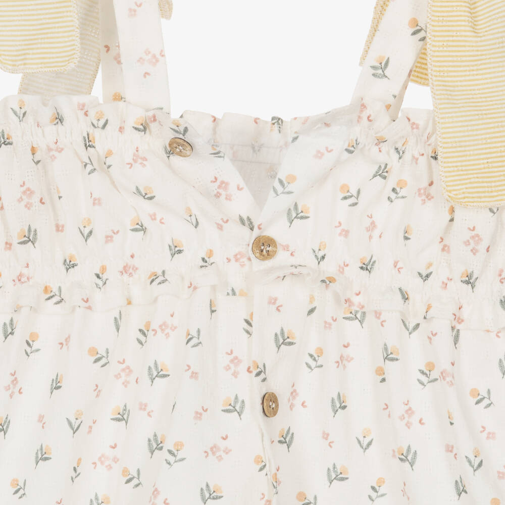 Mebi-Girls Ivory Floral & Yellow Striped Cotton Shorts Set | Childrensalon