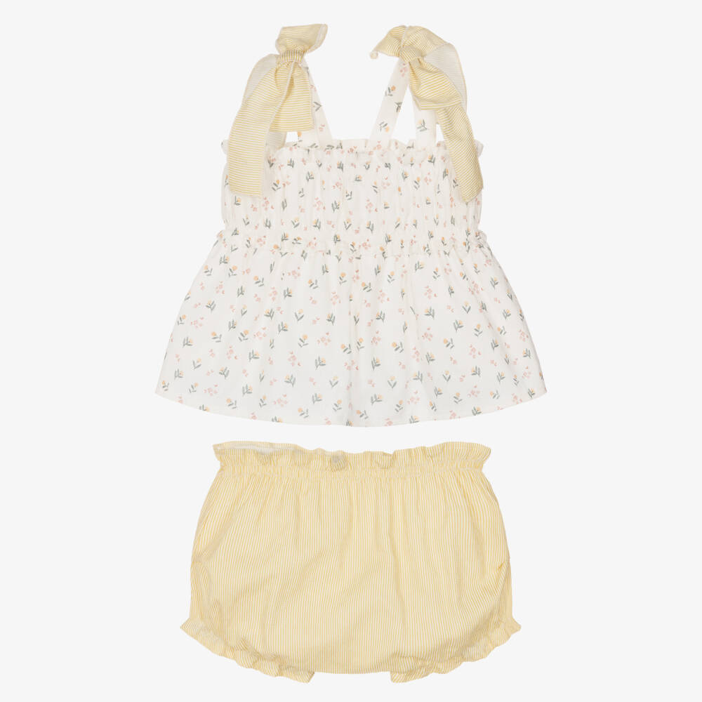 Mebi-Girls Ivory Floral & Yellow Striped Cotton Shorts Set | Childrensalon