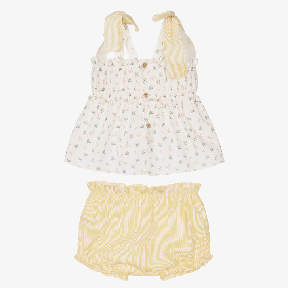 Mebi-Girls Ivory Floral & Yellow Striped Cotton Shorts Set | Childrensalon