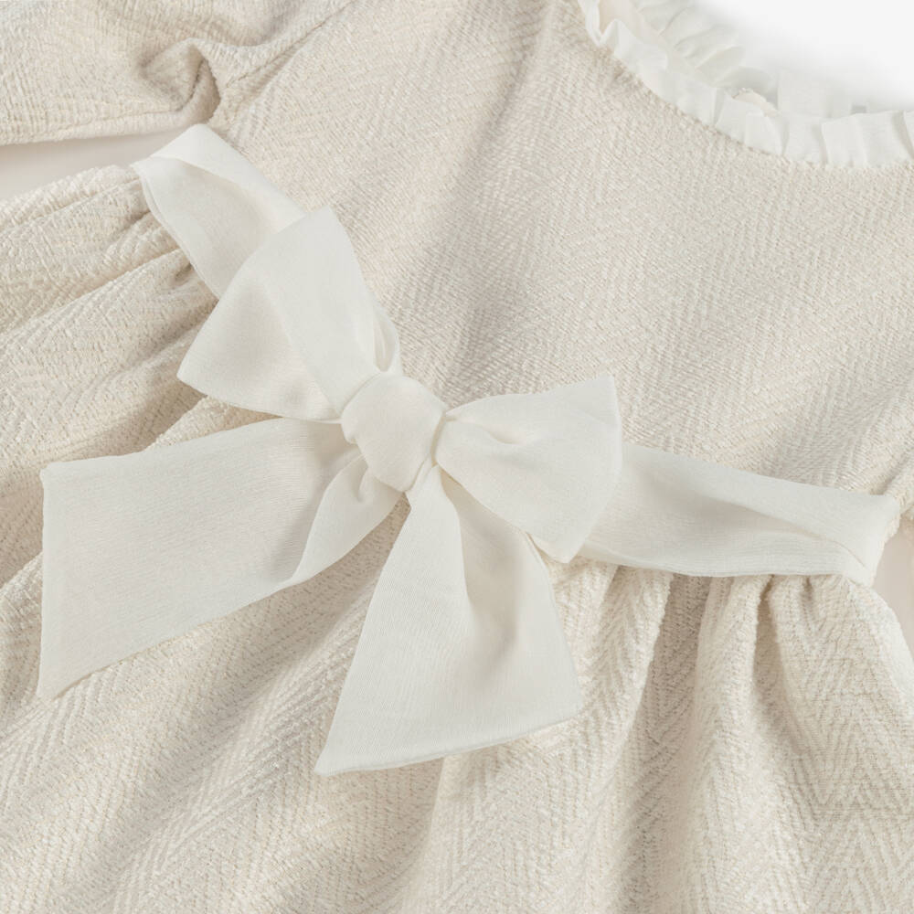 Mebi-Girls Ivory Jacquard Bow Detail Dress | Childrensalon