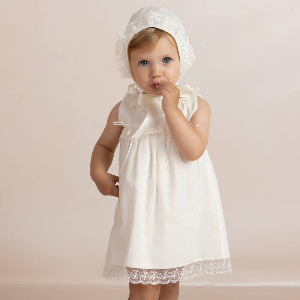 Mebi-Girls Ivory Plumeti Cotton & Lace Dress Set | Childrensalon