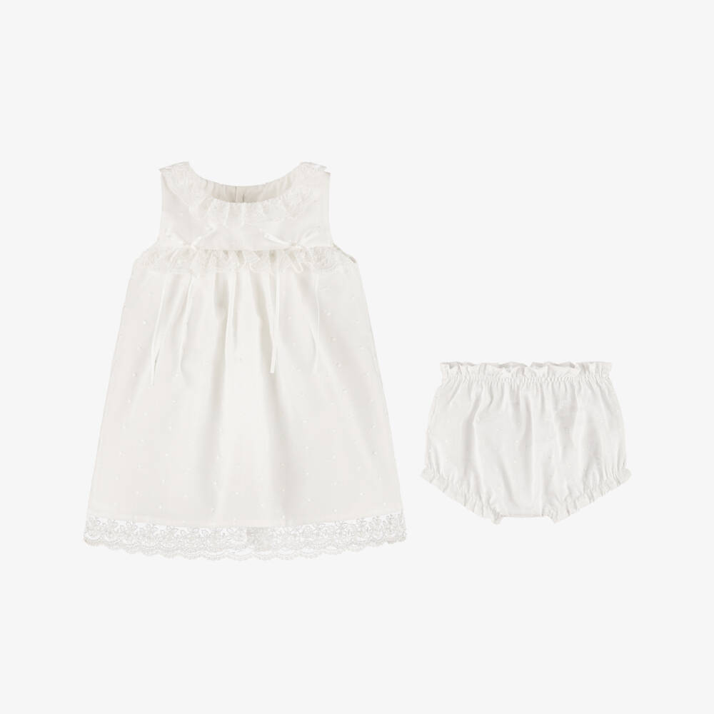 Mebi-Girls Ivory Plumeti Cotton & Lace Dress Set | Childrensalon