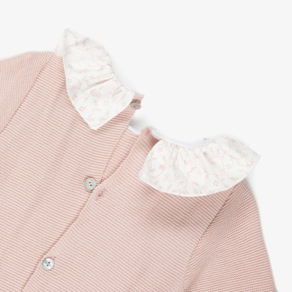 Mebi-Girls Pastel Pink Knitted Cotton Babygrow with Ruffle Collar | Childrensalon