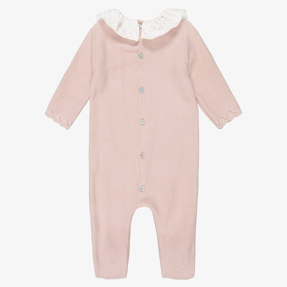 Mebi-Girls Pastel Pink Knitted Cotton Babygrow with Ruffle Collar | Childrensalon
