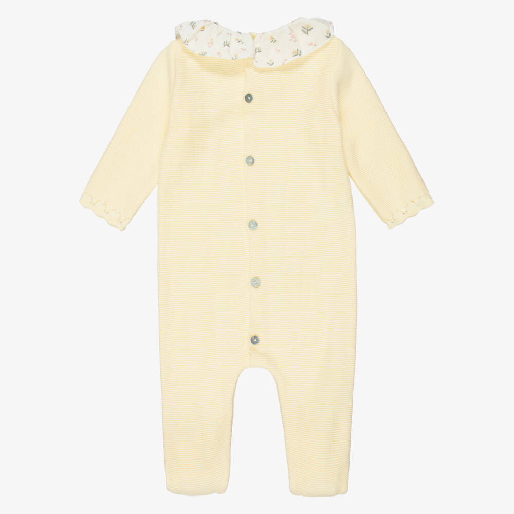 Mebi-Girls Pastel Yellow Knitted Cotton Babygrow with Ruffle Collar | Childrensalon