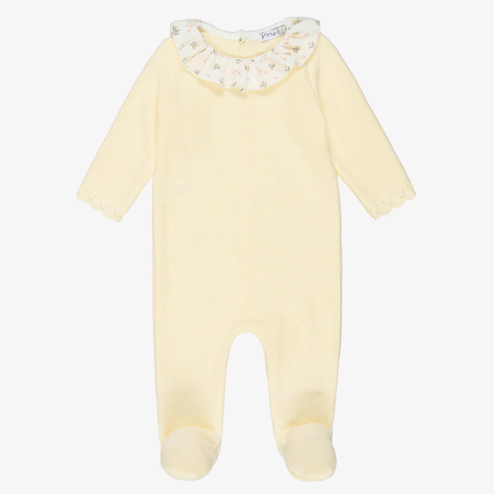 Mebi-Girls Pastel Yellow Knitted Cotton Babygrow with Ruffle Collar | Childrensalon