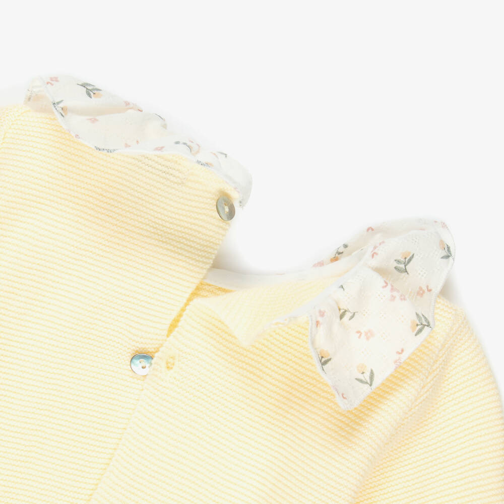 Mebi-Girls Pastel Yellow Knitted Cotton Babygrow with Ruffle Collar | Childrensalon
