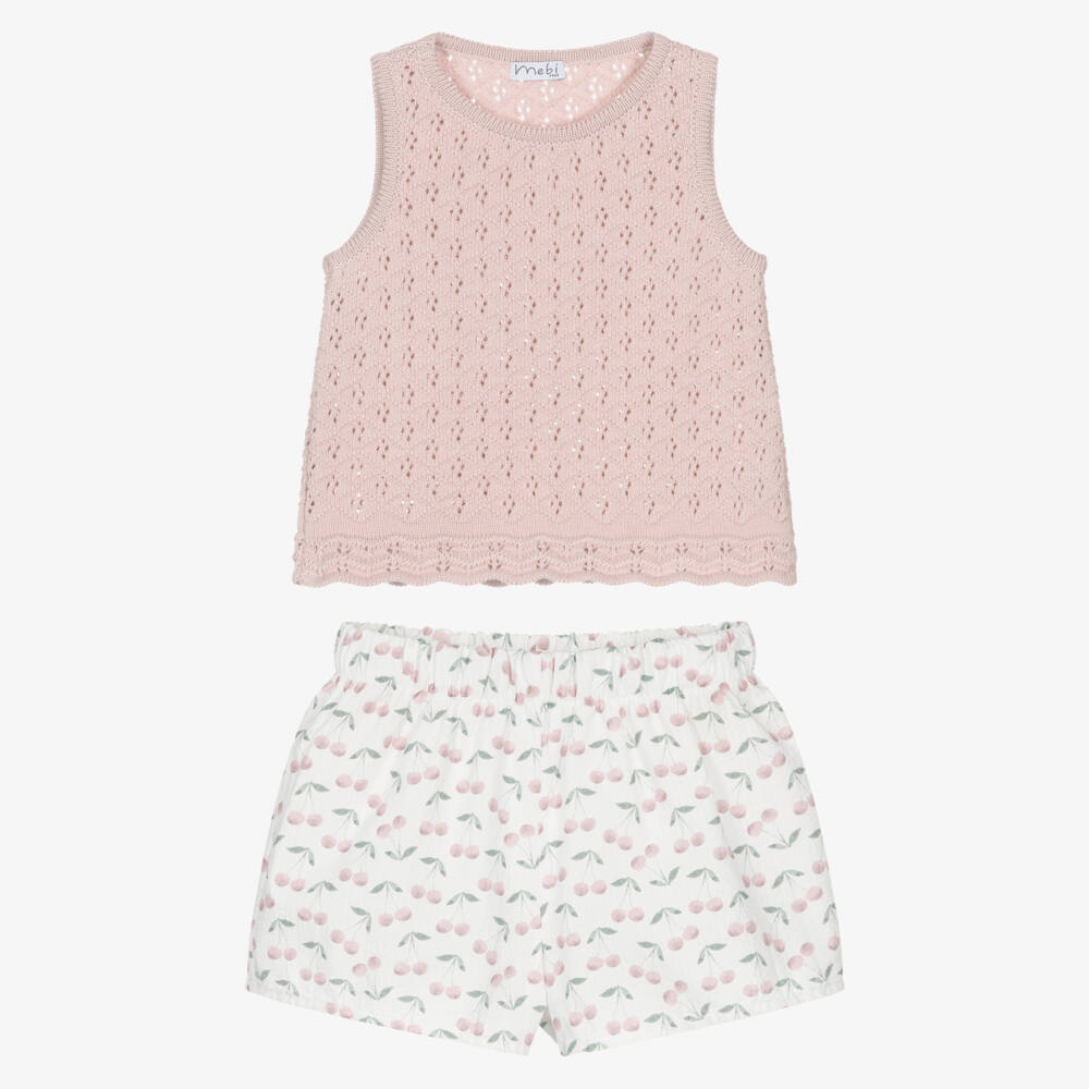 Mebi-Girls Pink Cotton & Knitted Shorts Set with Cherry Print | Childrensalon
