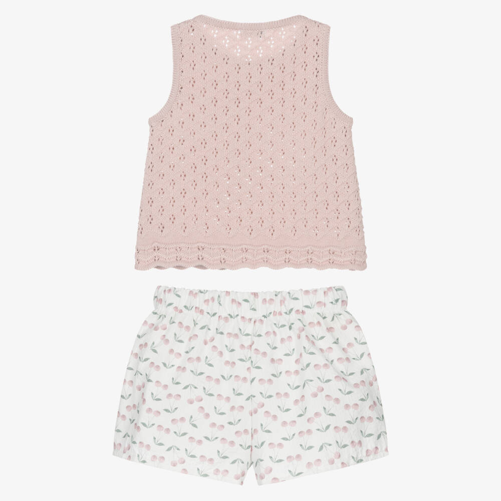 Mebi-Girls Pink Cotton & Knitted Shorts Set with Cherry Print | Childrensalon