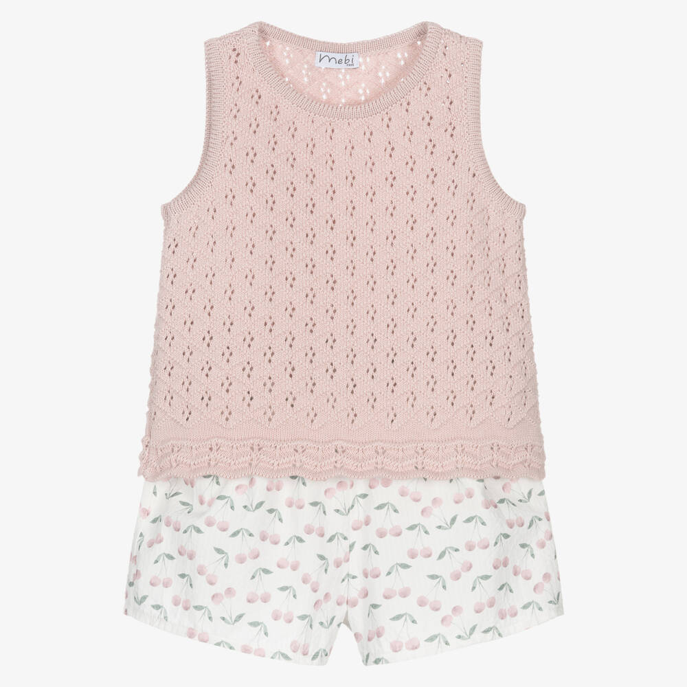 Mebi-Girls Pink Cotton & Knitted Shorts Set with Cherry Print | Childrensalon